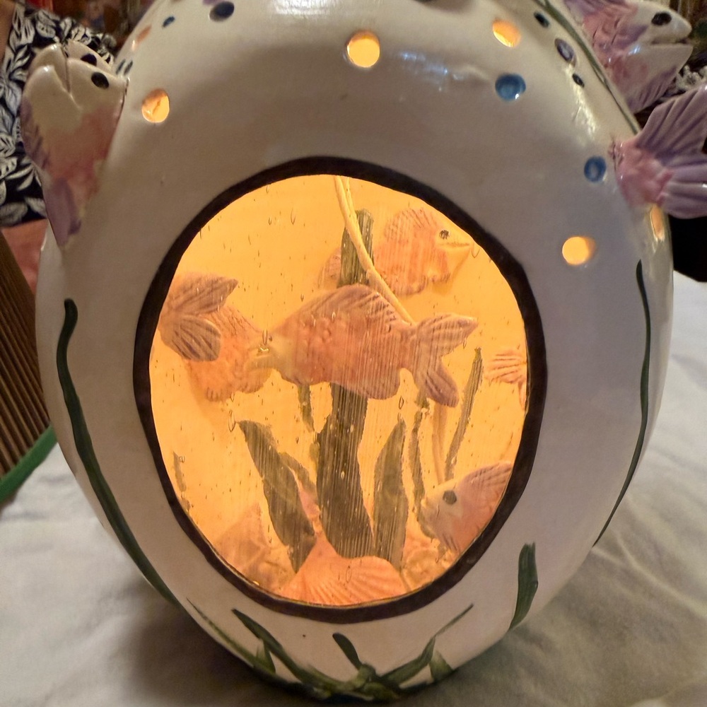 Unique Handmade 3-D Ceramic Fish Table lamp vintage W/ Night Light Dry Aquarium!